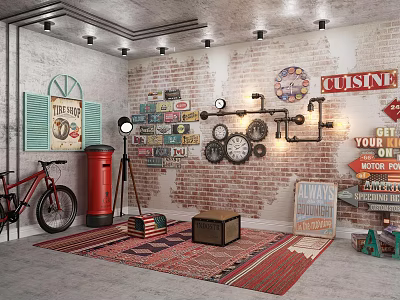 Vintage Decorative Ornament Combination With Brick Wall Clocks Road Signs Bicycle And Wooden Crate 3d model