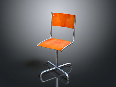 Stylish Orange Wooden Chair With Chrome Metal Frame And Cross Base 3d model