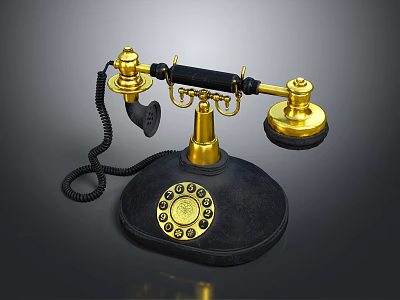 Vintage Telephone With Black Base Gold Accents Rotary Dial And Black Cord Design 3d model