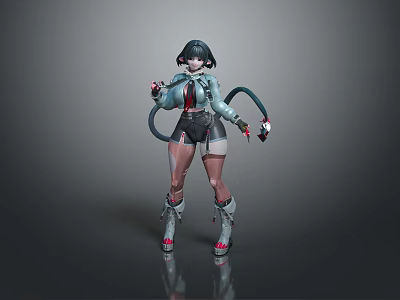 Futuristic Game Anime Character With Black Short Hair Mechanical Arm And Combat Boots 3d model