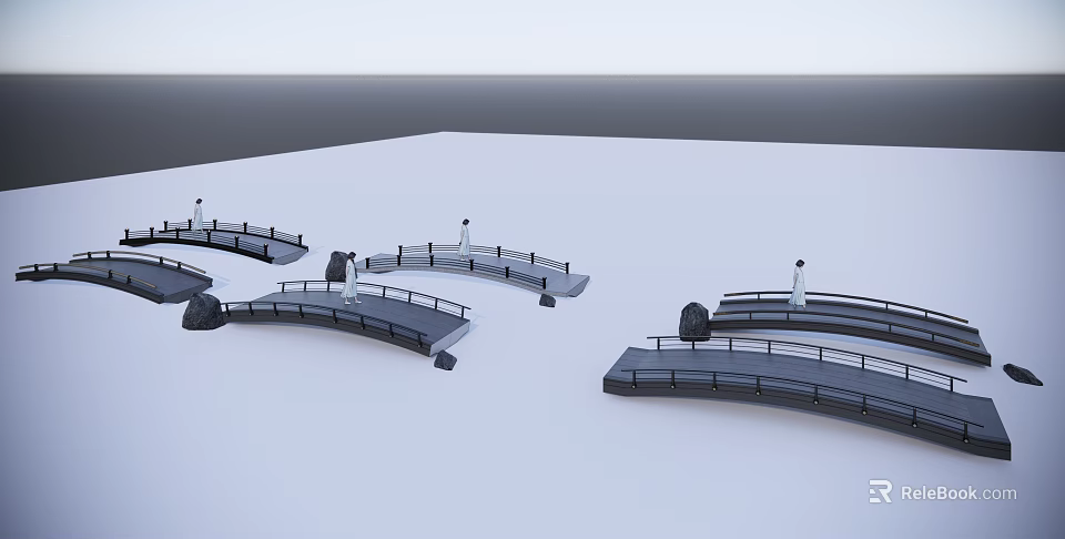 Multiple Black Bridges With Railings On White Surface And Gradient Background 3d model