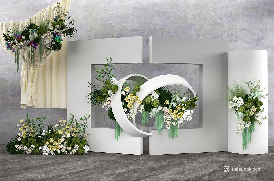 Floral Installation Design With White Circular Structure Green Foliage And Colorful Blooms 3d model 