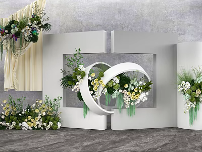 Floral Installation Design With White Circular Structure Green Foliage And Colorful Blooms 3d model
