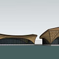 Modern Curved Wooden Architecture Design With Waterfront Reflection And Blue Sky