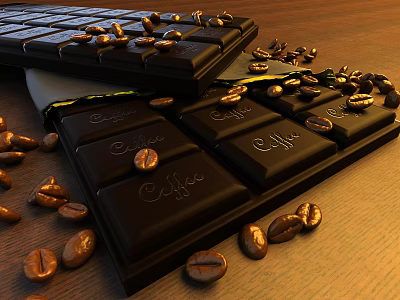 Dark Chocolate Bars With Coffee Beans And Café Label On Wooden Surface 3d model
