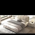 Modern Double Bed With Beige Leather Headboard In Bedroom With Natural Light Nightstand And Lamp