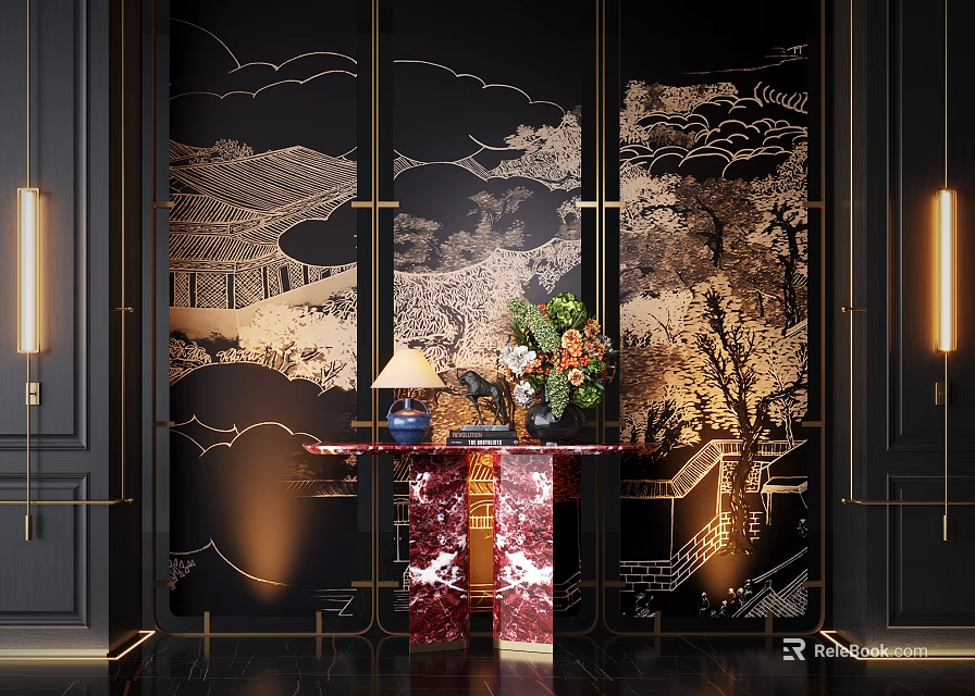 Chinese Style Console Table with Red Marble Top Black Screen Gold Patterns and Floral 3d model