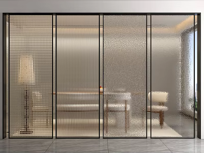 Modern Glass Partition With Black Frame And Frosted Textured Panels In Dining Room 3d model