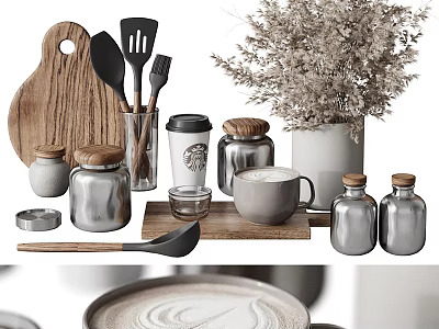 Essential Kitchen Tools With Wooden Board Black Utensils Glass Jars Coffee Cups And Dried Flowers 3d model