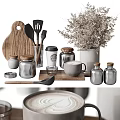 Essential Kitchen Tools With Wooden Board Black Utensils Glass Jars Coffee Cups And Dried Flowers