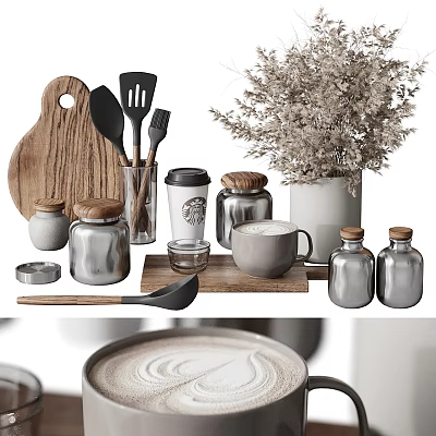 Essential Kitchen Tools With Wooden Board Black Utensils Glass Jars Coffee Cups And Dried Flowers 3d model