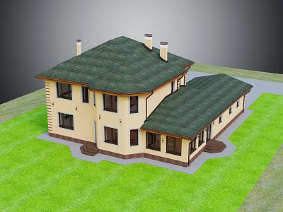 Cartoon House With Green Roof Beige Walls Windows Chimneys And Green Grass 3d model