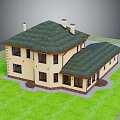 Cartoon House With Green Roof Beige Walls Windows Chimneys And Green Grass