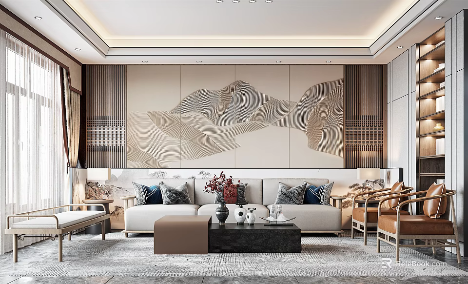 Elegant Living Room Interior With Mountain Pattern Wall Art Sofa Coffee Table And Decorative Vases 3d model 