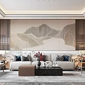 Elegant Living Room Interior With Mountain Pattern Wall Art Sofa Coffee Table And Decorative Vases