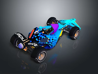 Blue Purple Yellow Patterned Race Car With Large Wheels Number Ten And Polar Logos 3d model