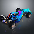Blue Purple Yellow Patterned Race Car With Large Wheels Number Ten And Polar Logos