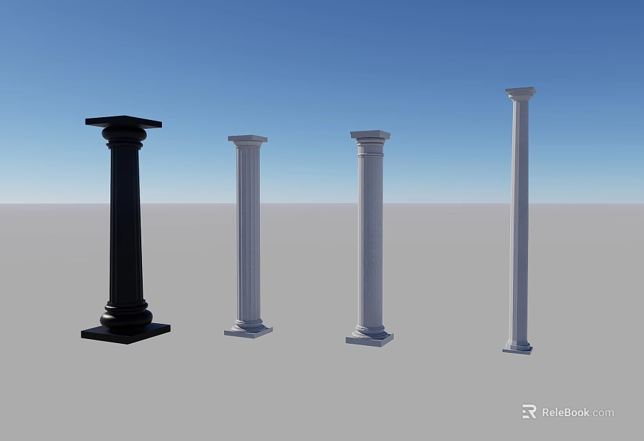 Four Black And White Columns Displayed Against Blue Sky And Gray Ground 3d model 