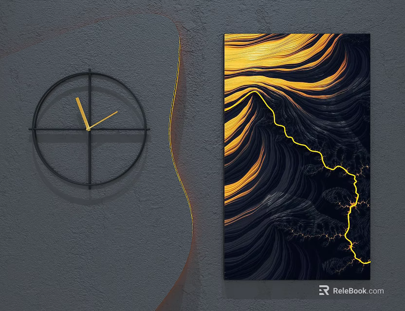 Modern Wall Hangings Featuring Black Circular Clock And Abstract Art With Yellow Black Wavy Lines 3d model 