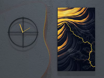 Modern Wall Hangings Featuring Black Circular Clock And Abstract Art With Yellow Black Wavy Lines 3d model