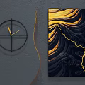 Modern Wall Hangings Featuring Black Circular Clock And Abstract Art With Yellow Black Wavy Lines
