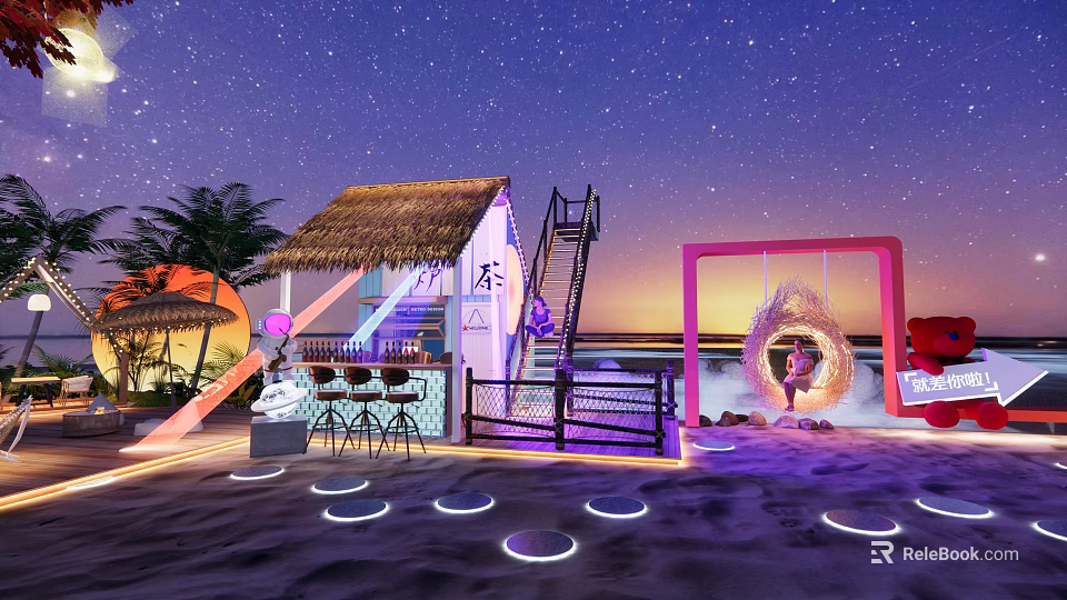 Beach Area With Thatched Hut Bar Swing Glowing Rings Starry Sunset Sky 3d model 