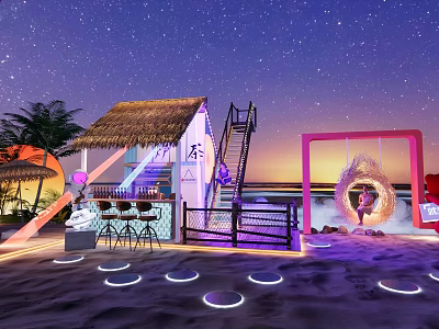Beach Area With Thatched Hut Bar Swing Glowing Rings Starry Sunset Sky 3d model