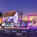 Beach Area With Thatched Hut Bar Swing Glowing Rings Starry Sunset Sky