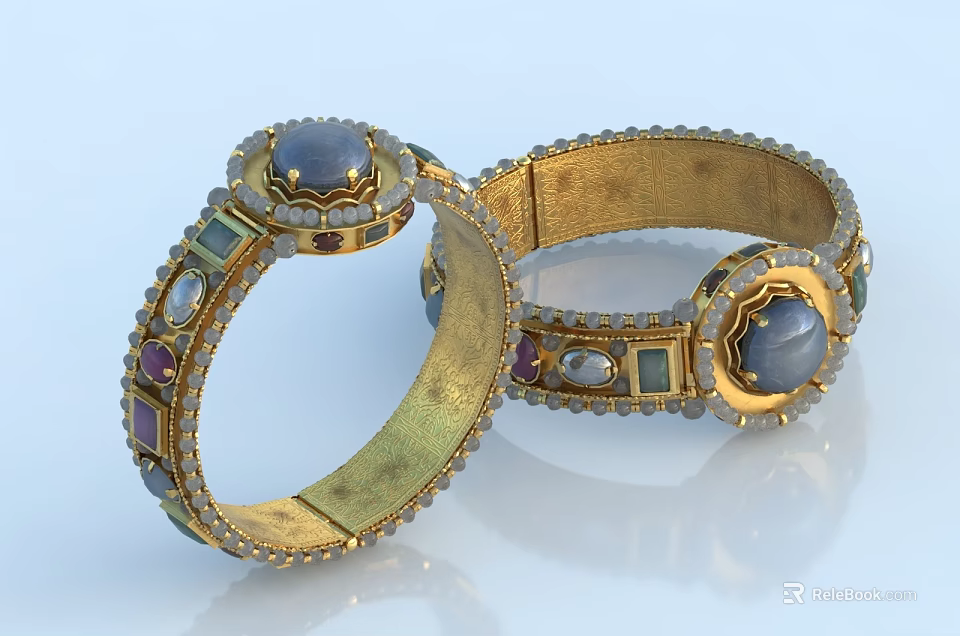 Elegant Golden Bracelets Adorned With Colored Gemstones And Intricate Inlaid Design 3d model 