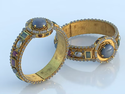Elegant Golden Bracelets Adorned With Colored Gemstones And Intricate Inlaid Design 3d model