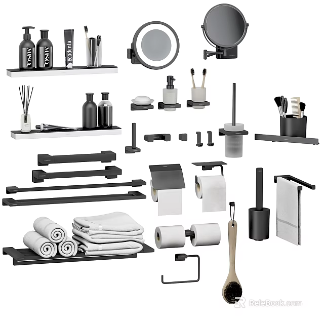 Essential Washing Daily Supplies With Toiletries Towels Racks Mirrors And Bathroom Accessories 3d model 