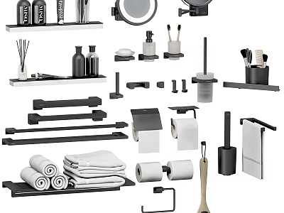 Essential Washing Daily Supplies With Toiletries Towels Racks Mirrors And Bathroom Accessories 3d model