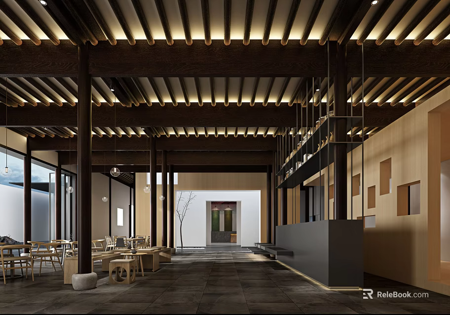 Hotel Lobby Interior With Wooden Ceiling Hanging Lights Front Desk And Dining Tables 3d model 