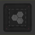 Cube Shaped Household Item With Gray And Black Textured Exterior And Red Logo Design