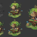 Cartoon Scene Of A Shop Cart With Leaf Roof Clay Pots Small Decorations Green Grass