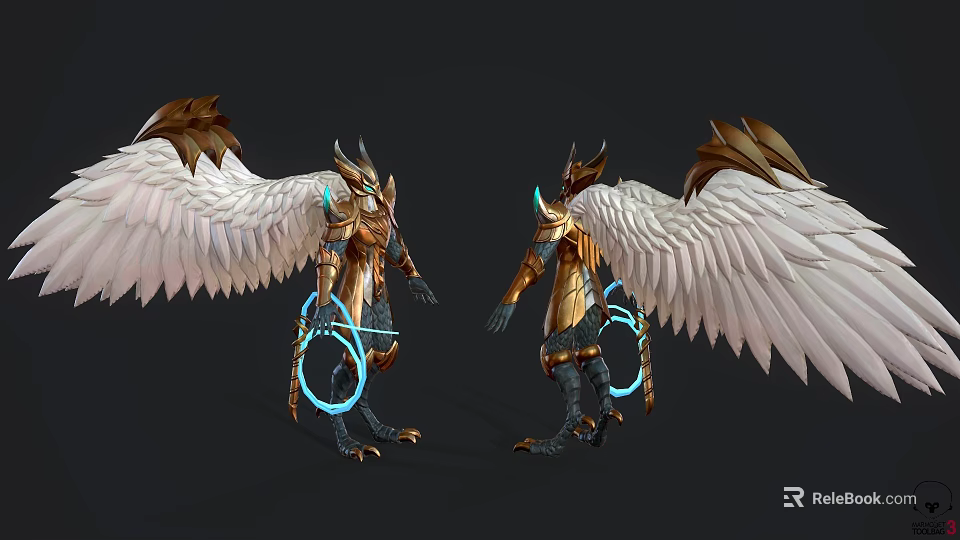 Two Majestic Golden Armored Characters With Large White Wings And Blue Glowing Rings Holding Weapons 3d model 