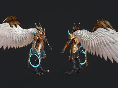 Two Majestic Golden Armored Characters With Large White Wings And Blue Glowing Rings Holding Weapons 3d model