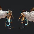 Two Majestic Golden Armored Characters With Large White Wings And Blue Glowing Rings Holding Weapons