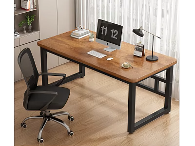 Home Office Wooden Desk With Metal Frame Black Chair Lamp Coffee Cup Calendar Keyboard Mouse 3d model