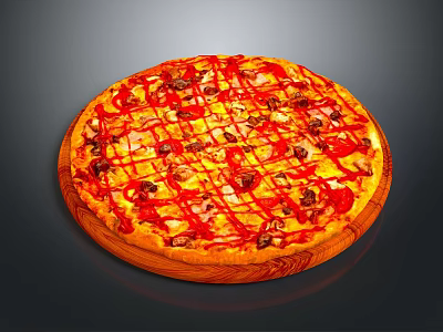 Freshly Baked Pizza with Tomato Sauce Melted Cheese and Toppings on Wooden Board 3d model