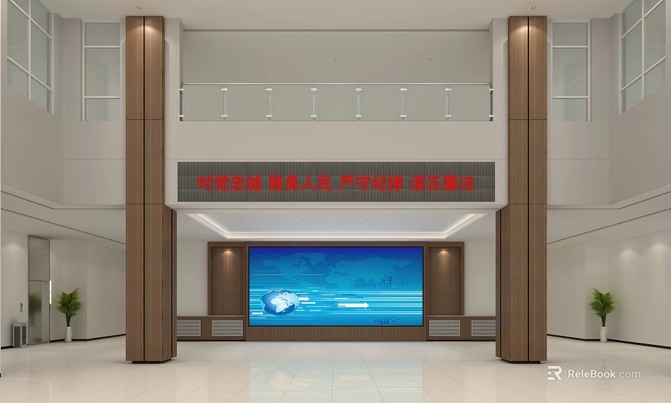 Modern Lobby Interior Design With Brown Pillars Glass Railing Central Blue Screen And Earth Graphic 3d model 