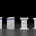 Modern White Podiums With Blue Branding And Various Designs For Presentations