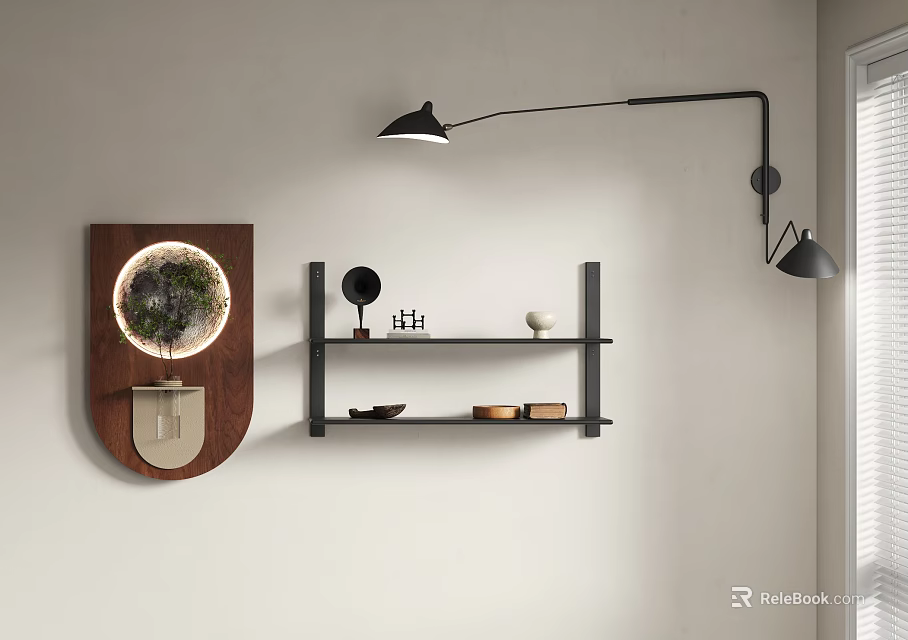Modern Interior Wall Decor With Round Mirror Wooden Frame And Black Shelves Ornaments 3d model 