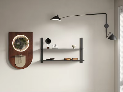 Modern Interior Wall Decor With Round Mirror Wooden Frame And Black Shelves Ornaments 3d model