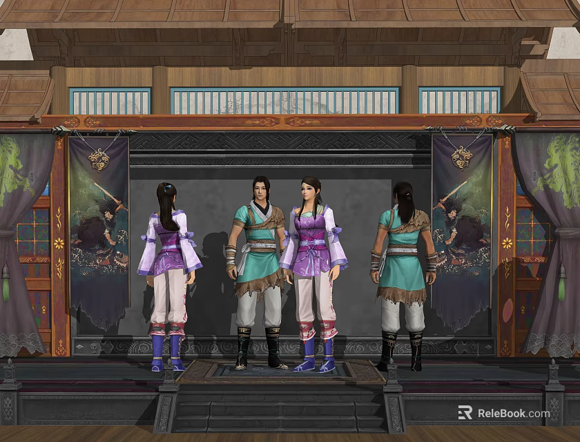 Game Movie Characters In Ancient Costumes Standing On Traditional Chinese Stage With Decorative Curtains 3d model 