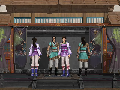 Game Movie Characters In Ancient Costumes Standing On Traditional Chinese Stage With Decorative Curtains 3d model