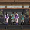 Game Movie Characters In Ancient Costumes Standing On Traditional Chinese Stage With Decorative Curtains