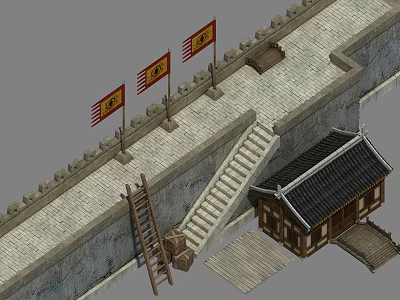 Ancient Architecture Featuring City Wall Stone Steps Flags And Traditional House 3d model