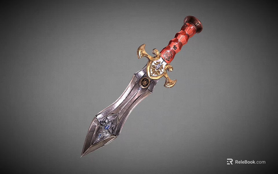 Ornate Dagger With Red Handle Gold Decorations And Sharp Metal Blade 3d model 