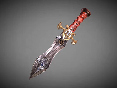 Ornate Dagger With Red Handle Gold Decorations And Sharp Metal Blade 3d model